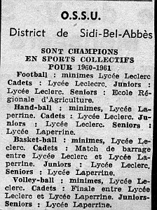 COLLEGE MODERNE LECLERC SIDI BEL ABBES SPORT 1960 RESULTATS OSSU  ECHO D ORAN